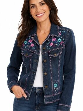 Gordon James jean jacket with sequin and embroidered detail.